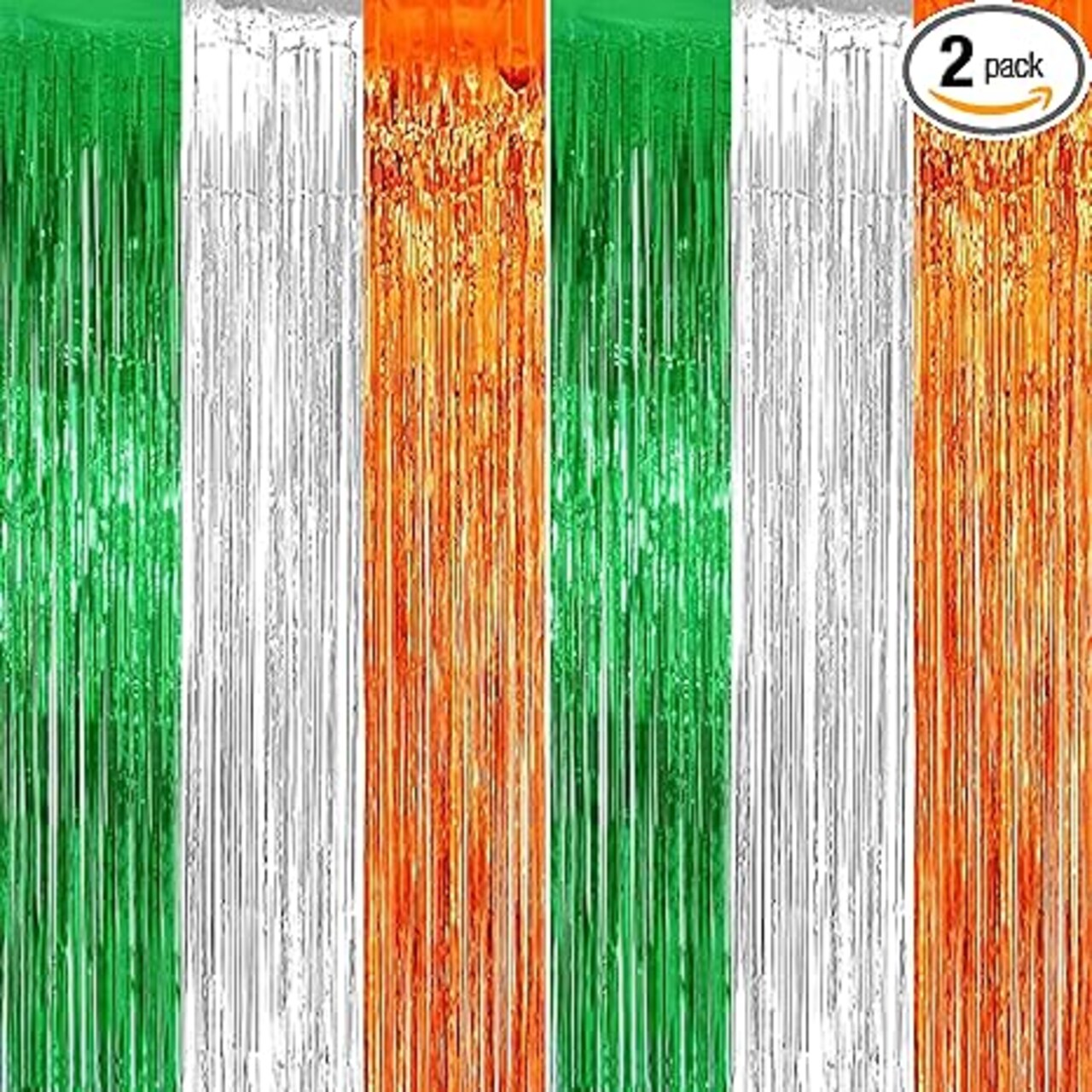2 Pack 3.2ft x 9.8ft St. Patrick's Day Metallic Foil Fringe Curtain, Green Silver Orange Tinsel Curtains Streamer Large Photo Booth Props Backdrops for Irish Festive Wall Indoor Outdoor Decorations